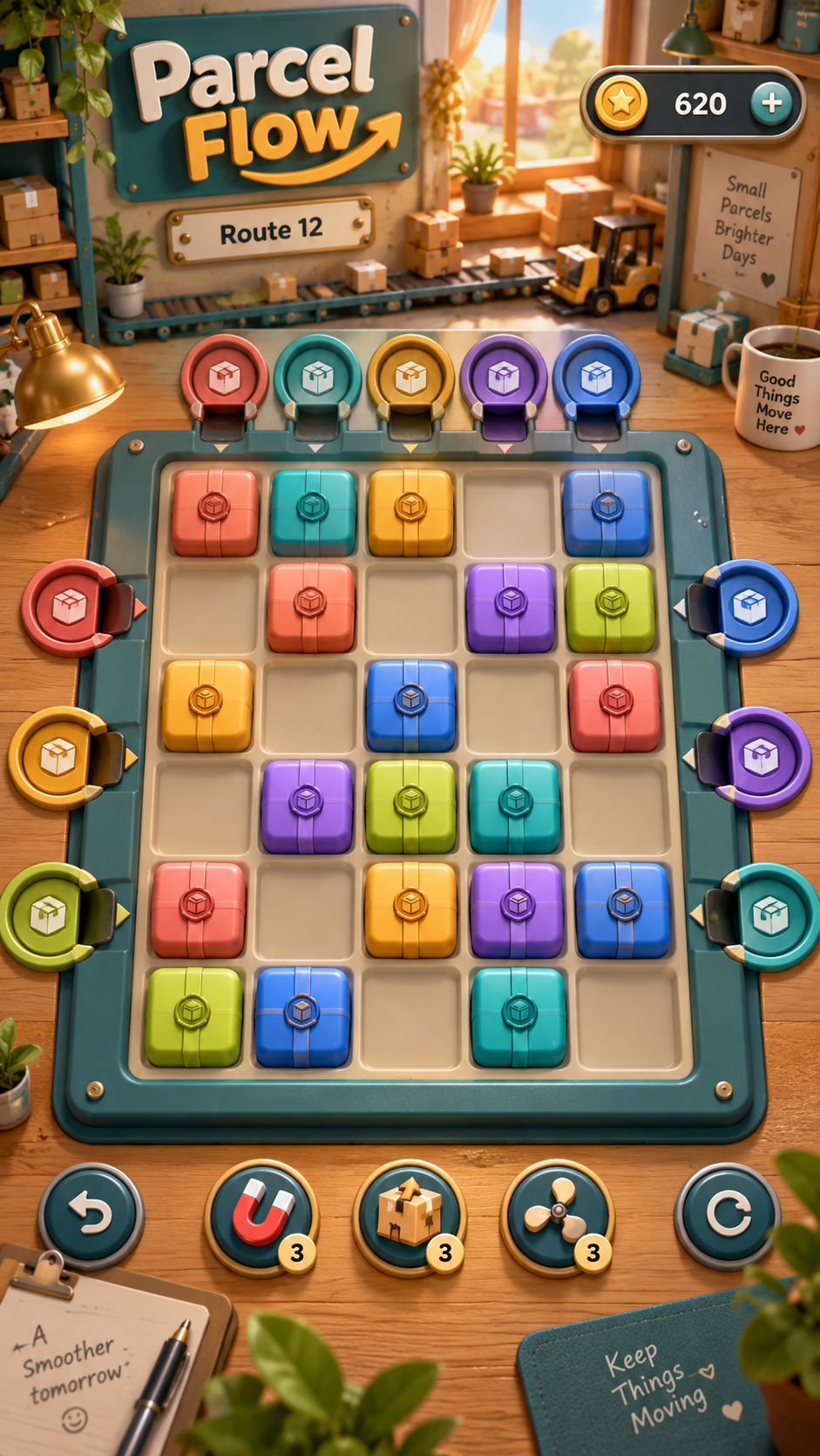 Parcel Flow workshop with colorful parcels, matching docks, and a six-row puzzle board.